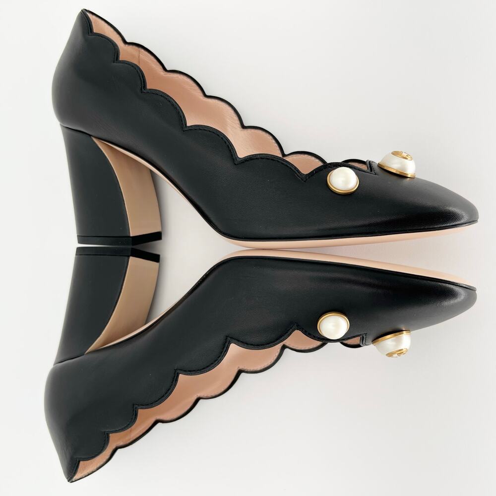 GUCCI Willow Loafer Pumps EU 37.5 US 7.5 Black GG Logo Pearl Scalloped Leather - Picture 8 of 15